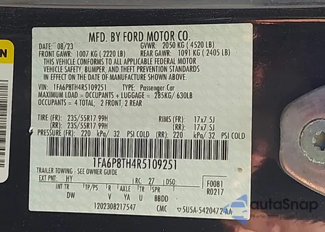 2024 Ford Mustang Ecoboost Fastback z USA, uszkodzony, nr VIN 1FA6P8TH4R5109251